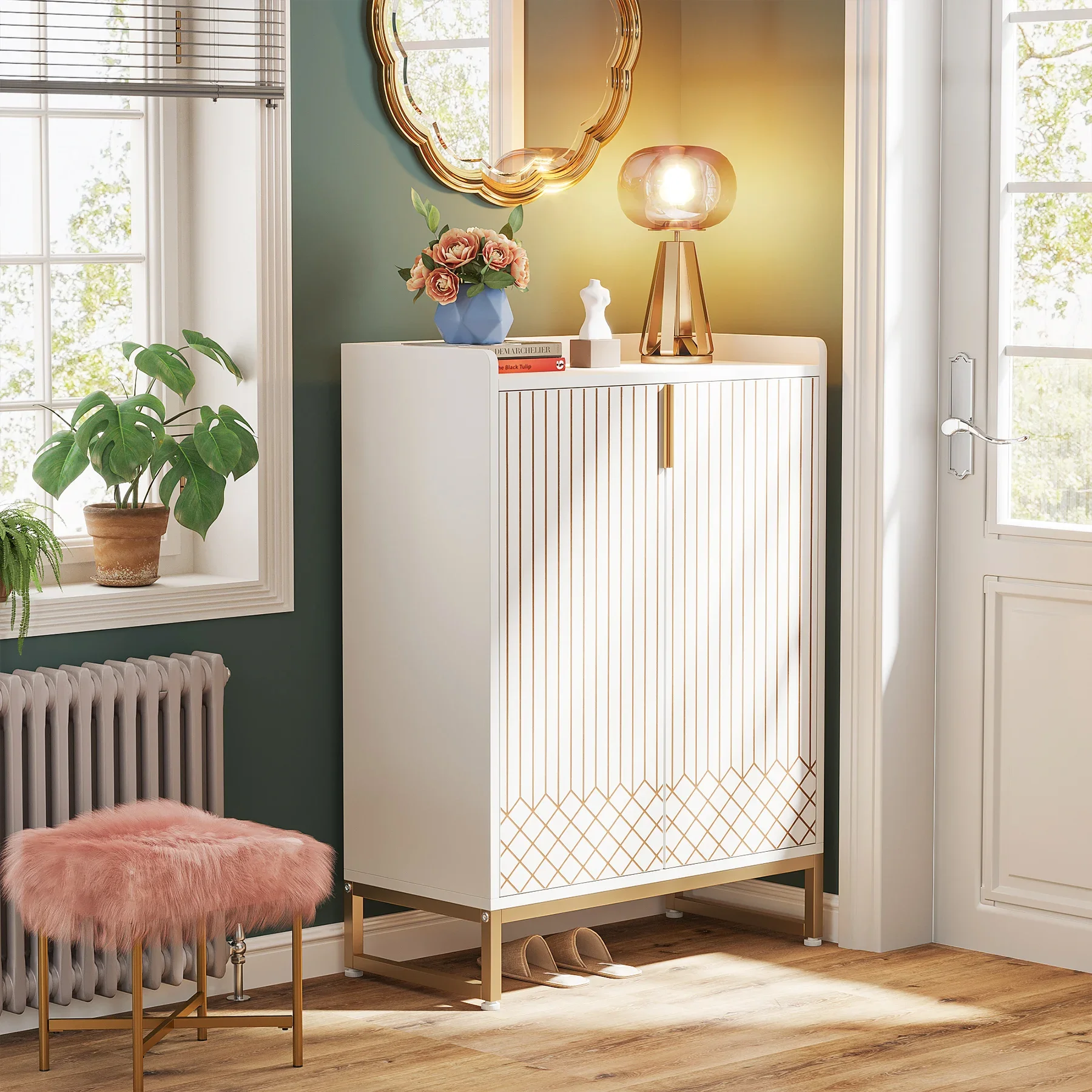 Tribesigns White Shoe Cabinets with Doors, 5-Tier Shoe Rack, Wood Storage Cabinet for Bedroom Hallway Living Room