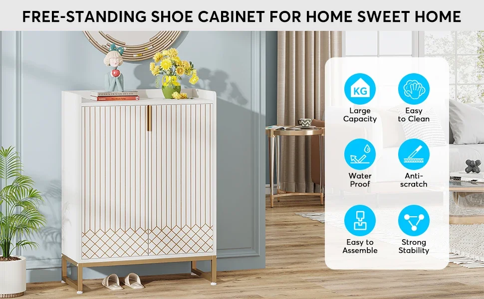 Tribesigns White Shoe Cabinets with Doors, 5-Tier Shoe Rack, Wood Storage Cabinet for Bedroom Hallway Living Room