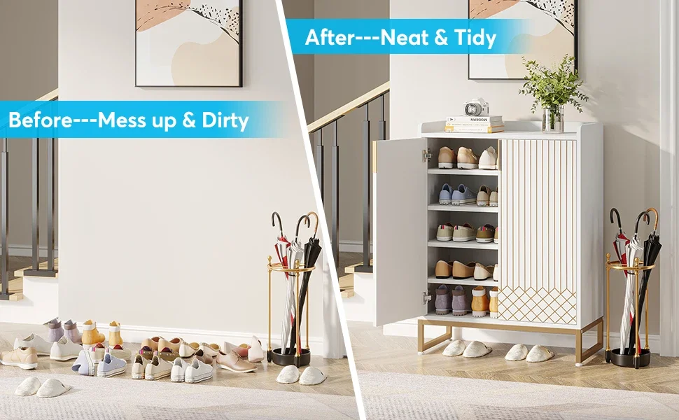 Tribesigns White Shoe Cabinets with Doors, 5-Tier Shoe Rack, Wood Storage Cabinet for Bedroom Hallway Living Room
