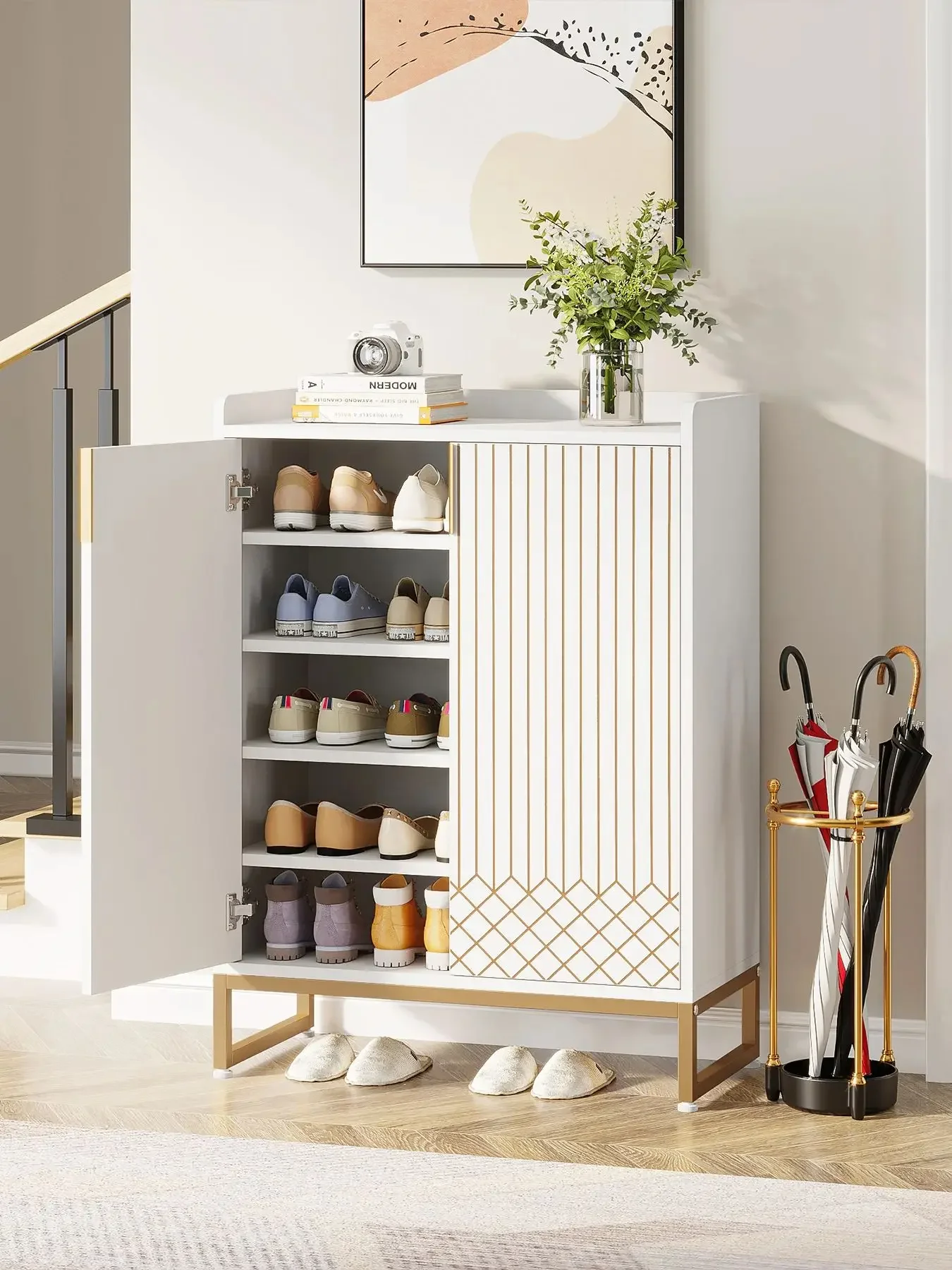 Tribesigns White Shoe Cabinets with Doors, 5-Tier Shoe Rack, Wood Storage Cabinet for Bedroom Hallway Living Room