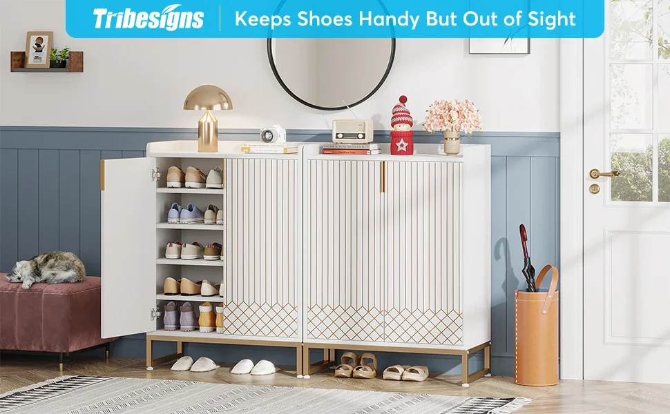 Tribesigns White Shoe Cabinets with Doors, 5-Tier Shoe Rack, Wood Storage Cabinet for Bedroom Hallway Living Room
