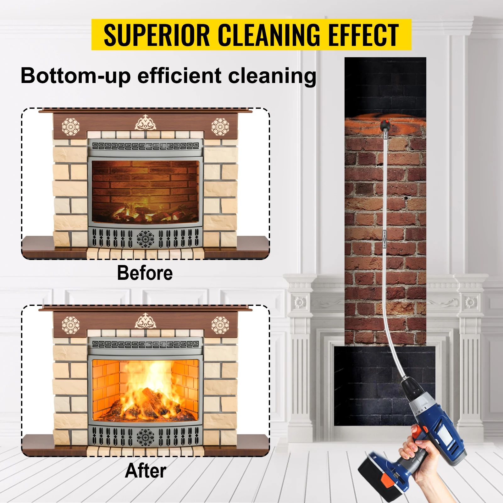 SucceBuy Chimney Sweep Kit 39in Nylon Chimney Rods and Brush Head Electric Drill Drive Sweeping Cleaning Tool for Fireplace