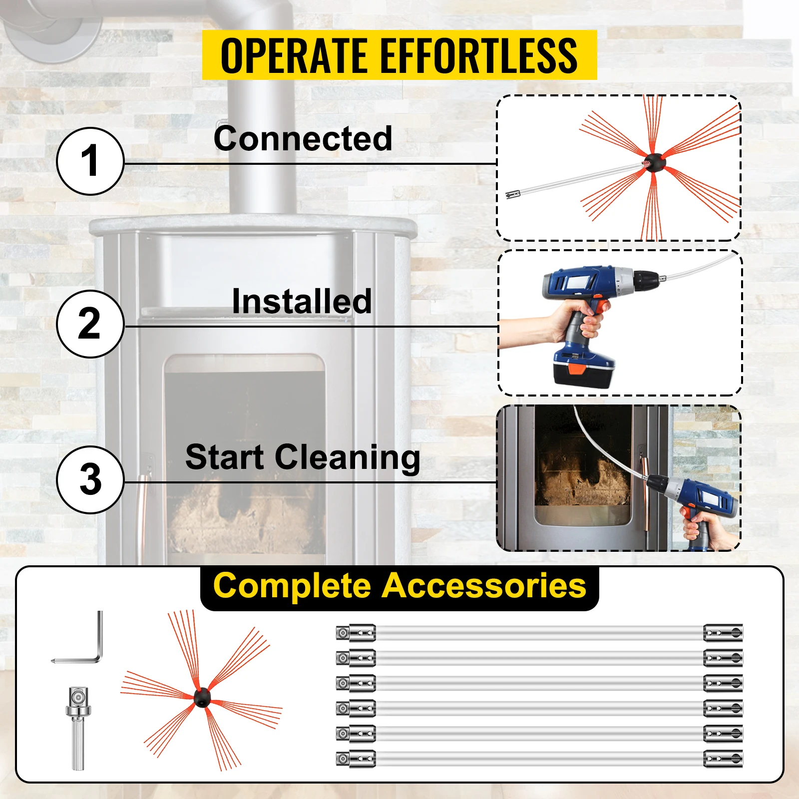 SucceBuy Chimney Sweep Kit 39in Nylon Chimney Rods and Brush Head Electric Drill Drive Sweeping Cleaning Tool for Fireplace