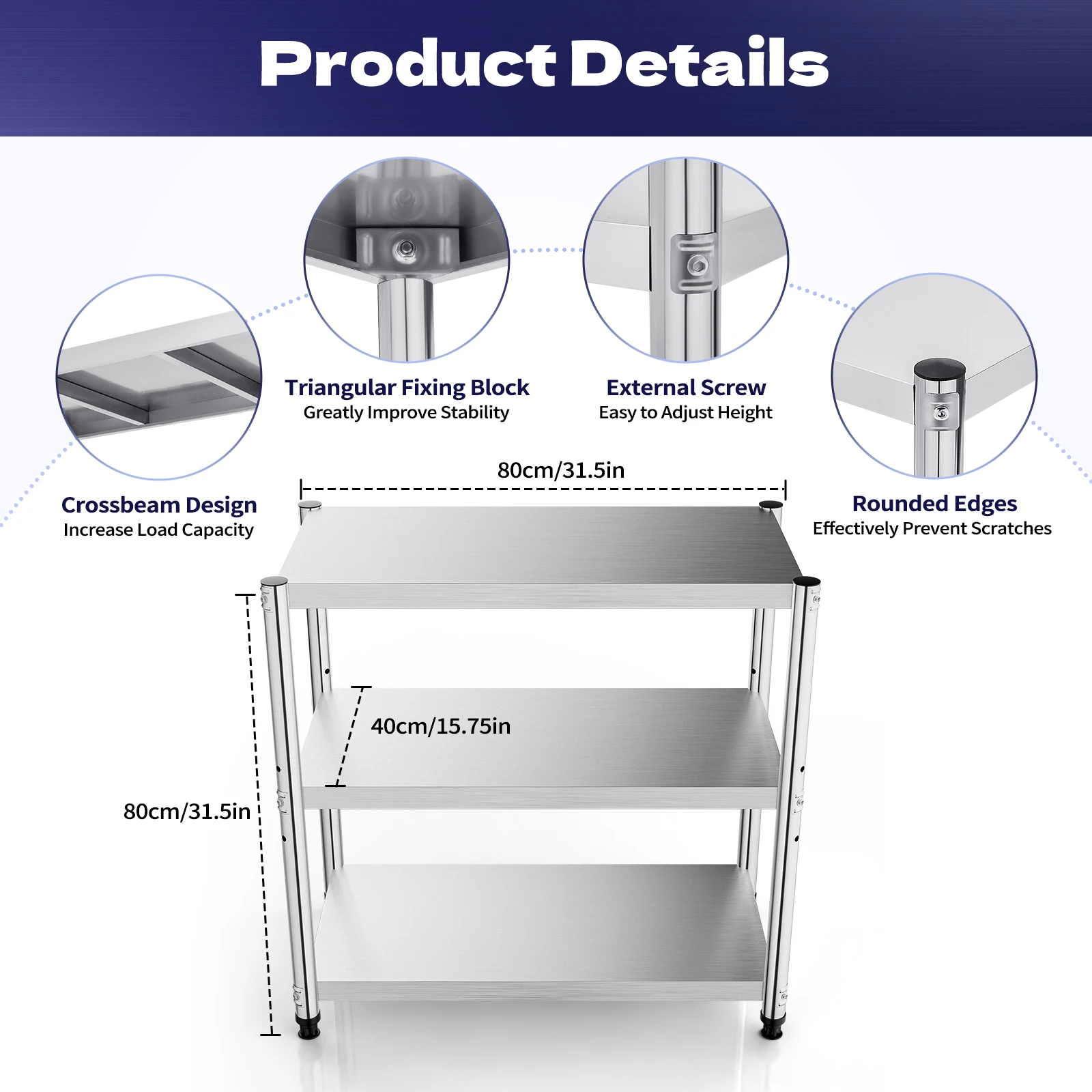 3-Tier Stainless Steel Work Table 80*40*80cm Large-Capacity Kitchen Storage Rack for Kitchen Garage school, Height Adjustable