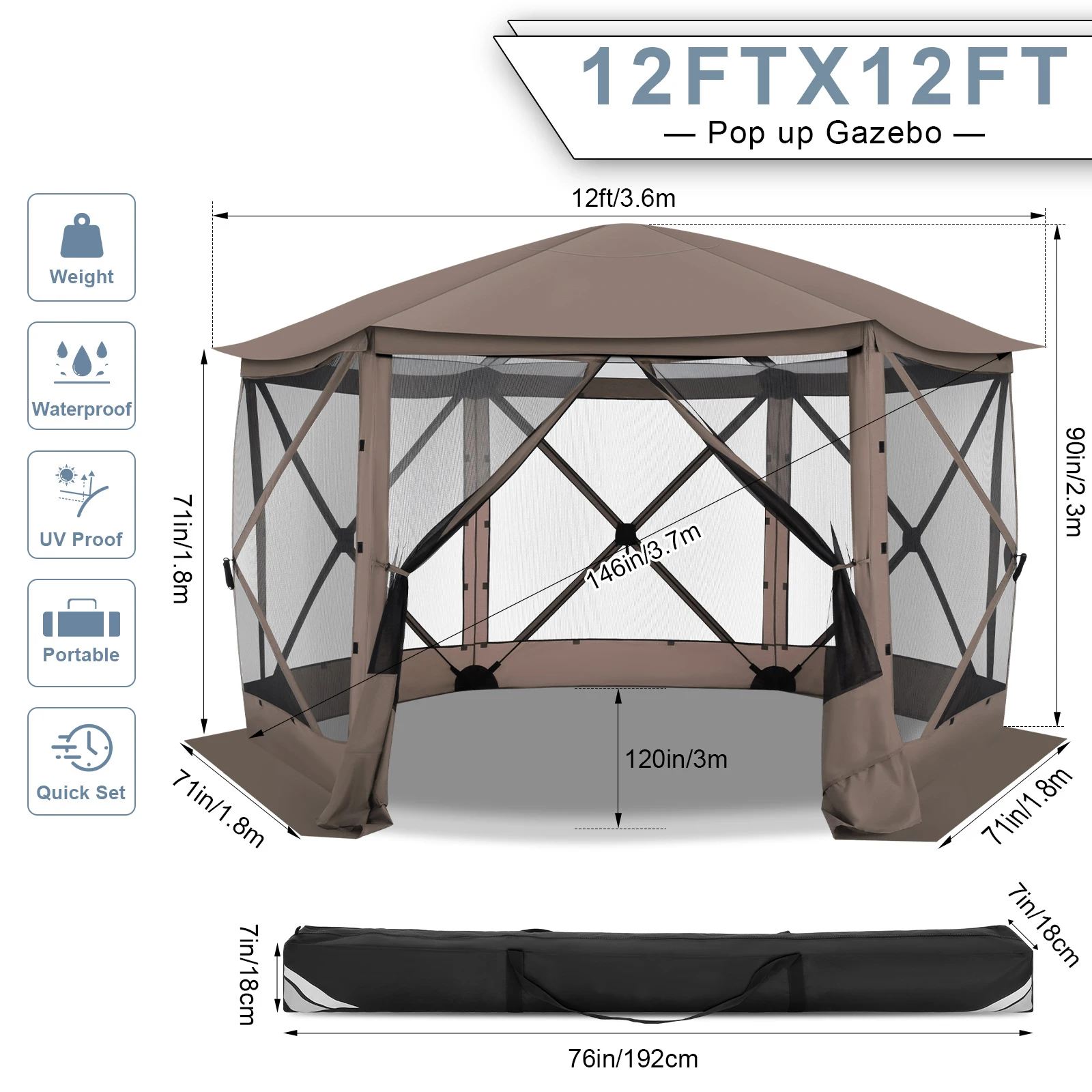 Pop up Gazebo Screen Tent Screen House for Camping, 12x12 Screen Room with Removable Roof, Outdoor Screened Gazebo with Netting,
