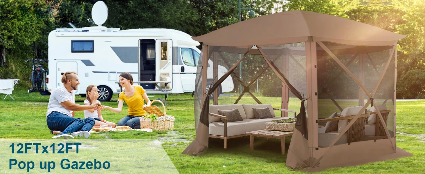 Pop up Gazebo Screen Tent Screen House for Camping, 12x12 Screen Room with Removable Roof, Outdoor Screened Gazebo with Netting,