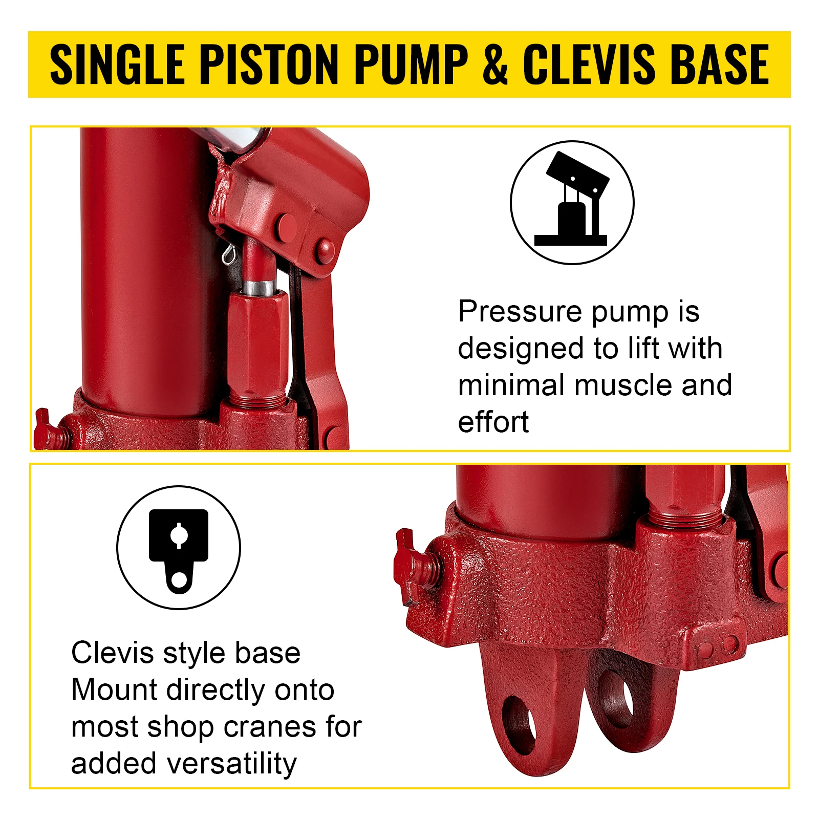 SucceBuy Hydraulic Long Ram Jack 8 Tons/17363 lbs Clevis Base Manual Cherry Picker for Garage/Shop Cranes Engine Lift Hoist Red