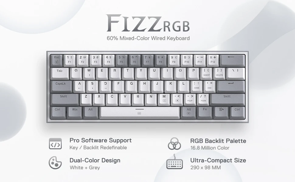 Redragon K617 Fizz 60% Wired RGB Gaming Keyboard, 61 Keys Hot-Swap Compact Mechanical Keyboard Red Switch