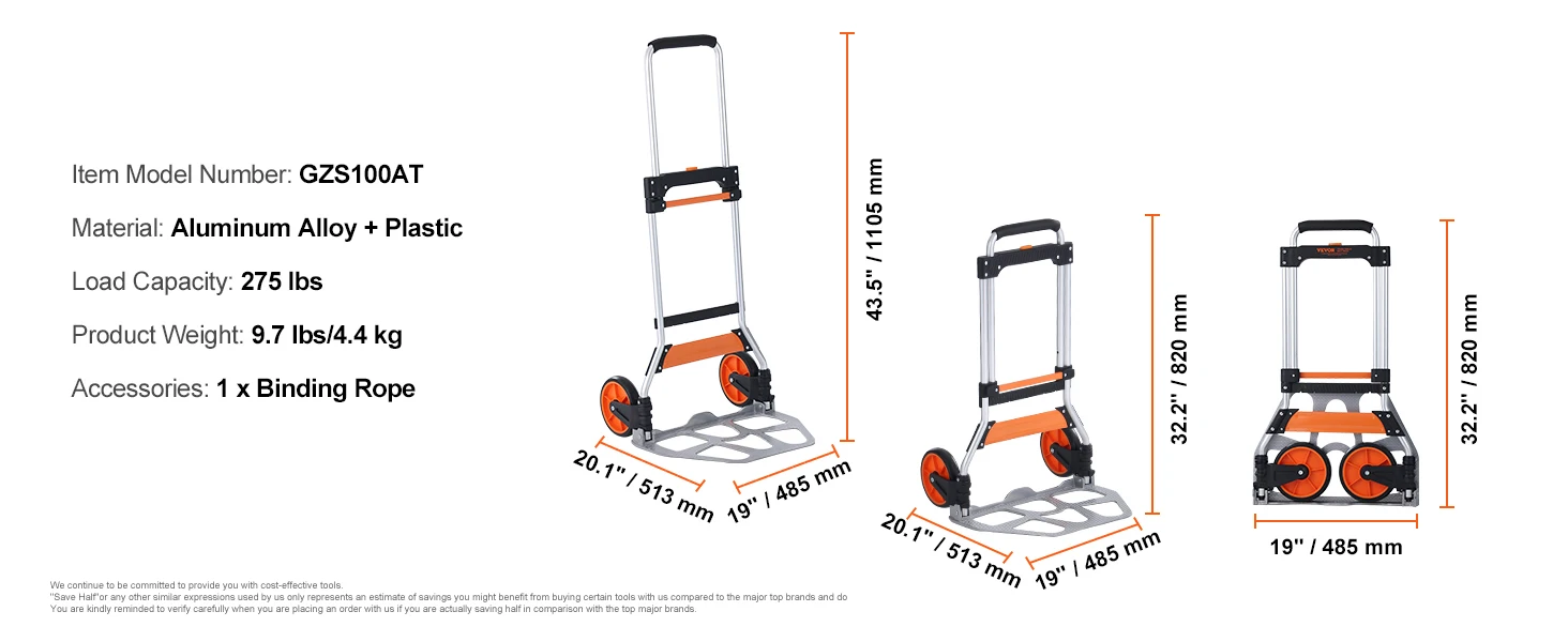 SucceBuy 275/309 lbs Folding Hand Truck Portable Unity Cart Dolly with Telescoping Handle and Binding Rope for Moving Warehouse