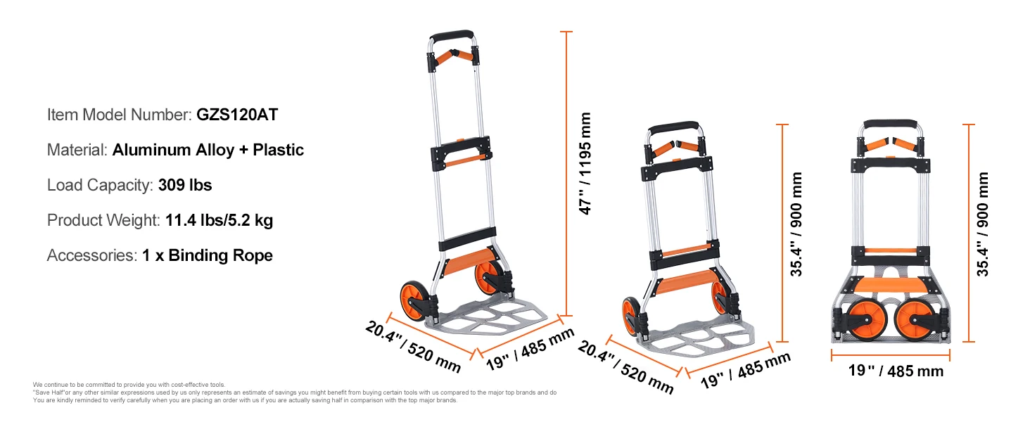 SucceBuy 275/309 lbs Folding Hand Truck Portable Unity Cart Dolly with Telescoping Handle and Binding Rope for Moving Warehouse