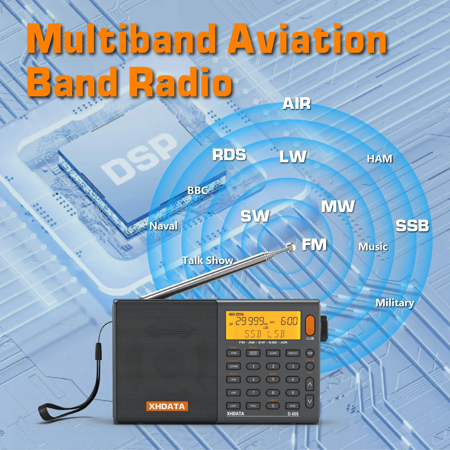 XHDATA D-808 AM/FM/SW/MW SSB AIR RDS Full Band Portable Radio with Multifunction Deep Sound Stereo Rechargeable Radio Receiver
