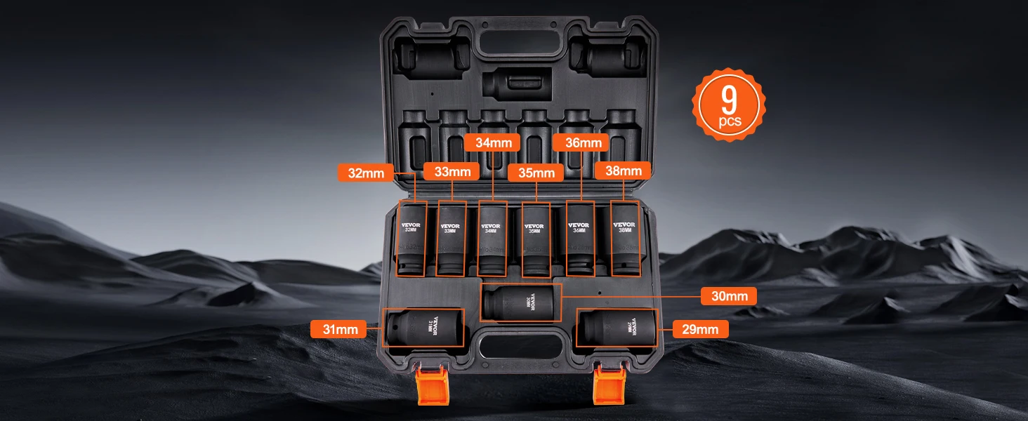 SucceBuy 1/2" Drive Impact Socket Set 9 Piece Deep Socket Set Metric 29-38mm 6 Point Cr-Mo Alloy Steel for Auto Repair