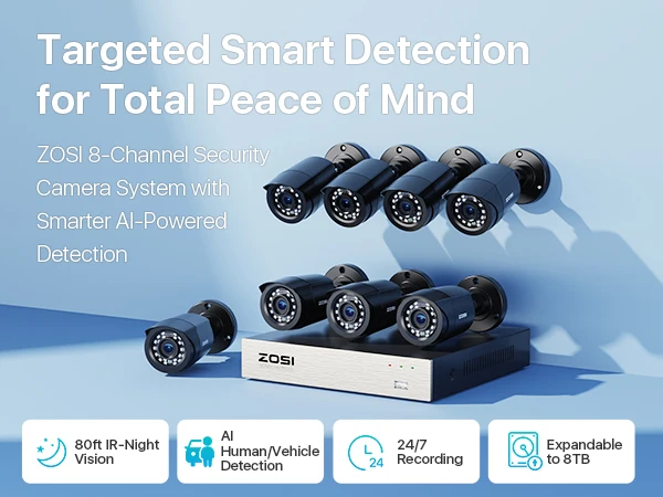 ZOSI 3K Lite Security Camera System AI Human Vehicle Detection 8CH HD TVI Video DVR Recorder 2MP 1080P CCTV Surveillance Camera