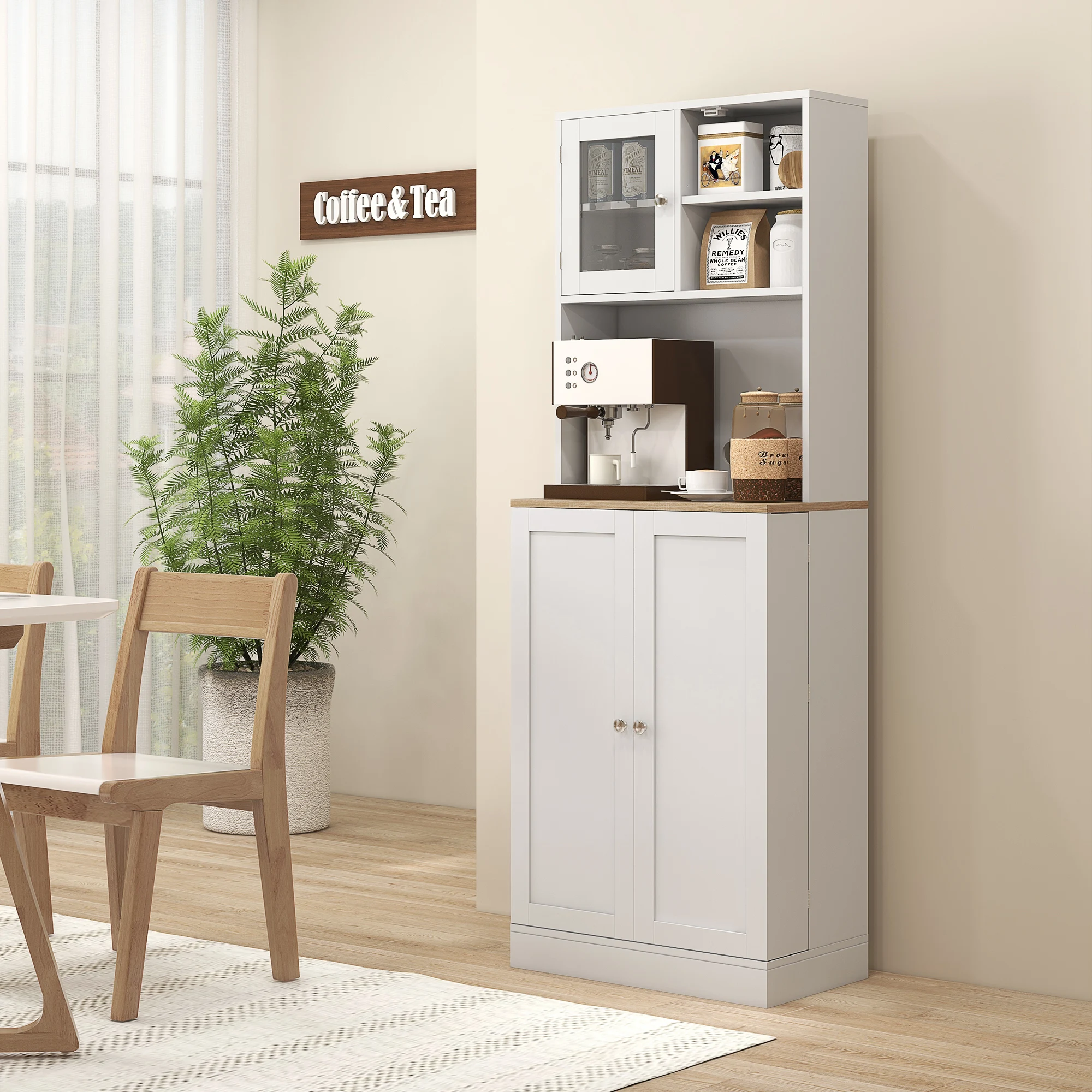 HOMCOM 66.5" Tall Kitchen Pantry Storage Cabinet with Microwave Stand White
