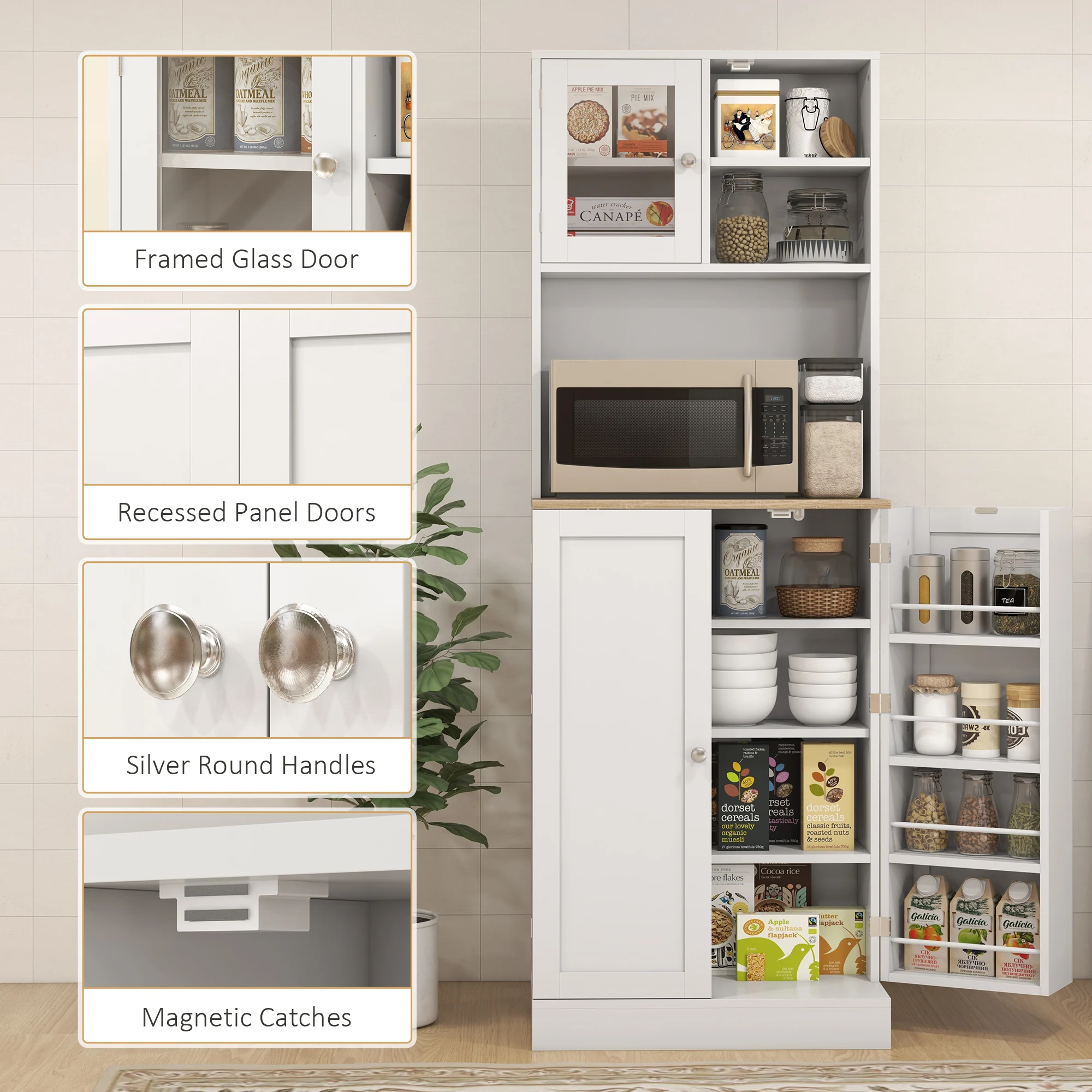 HOMCOM 66.5" Tall Kitchen Pantry Storage Cabinet with Microwave Stand White