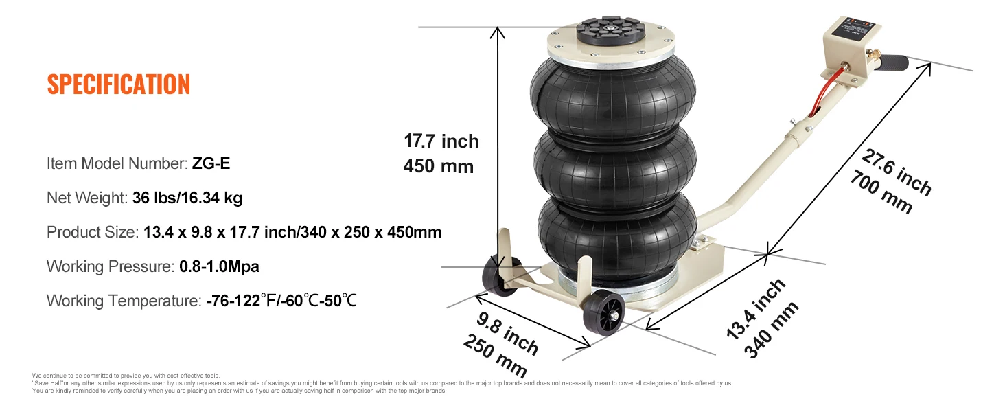 SucceBuy Pneumatic Jack 3 Ton/5 Ton Triple Bag Air Jack Quick Lift Heavy Duty Car Repair Jacks Folding Rod Jacks with Two Wheels