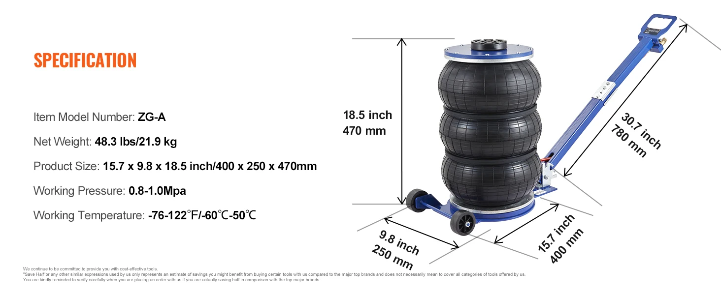 SucceBuy Pneumatic Jack 3 Ton/5 Ton Triple Bag Air Jack Quick Lift Heavy Duty Car Repair Jacks Folding Rod Jacks with Two Wheels