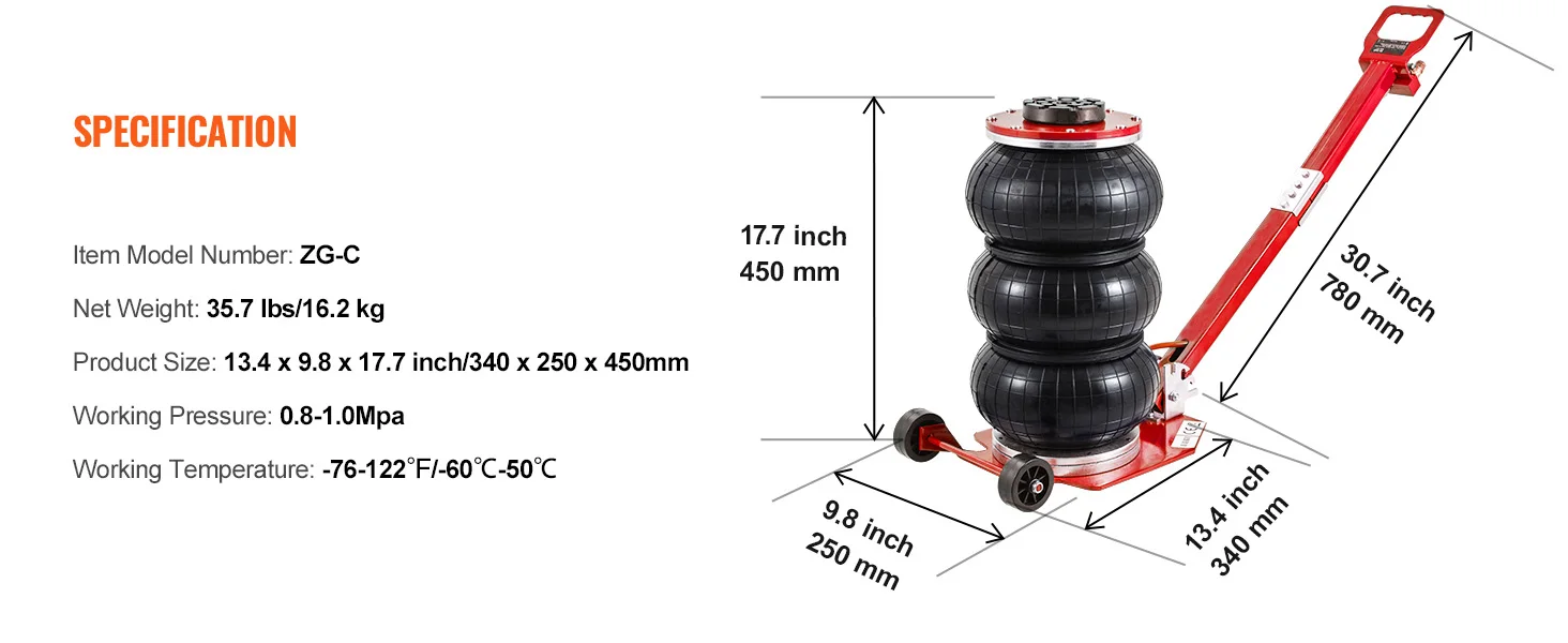 SucceBuy Pneumatic Jack 3 Ton/5 Ton Triple Bag Air Jack Quick Lift Heavy Duty Car Repair Jacks Folding Rod Jacks with Two Wheels
