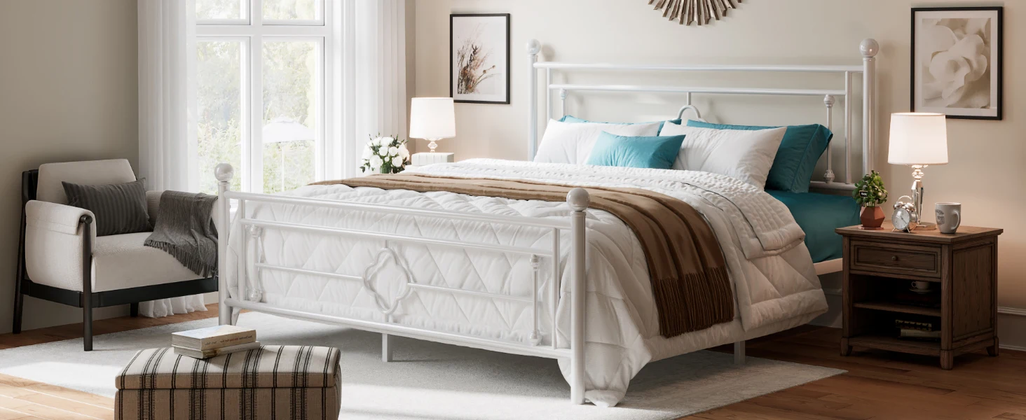 HOOMIC 14 Inch Metal Platform Bed Frame, Vintage Victorian Style, Wrought Iron Headboard and Footboard