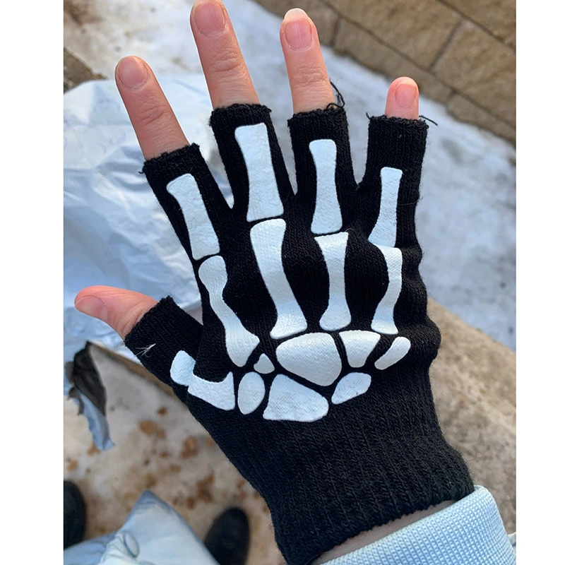 New Punk Gloves Unisex Halloween Skeleton Skull Half Finger Gloves Glow In The Dark Fingerless Stretch Knitted Winter Mittens