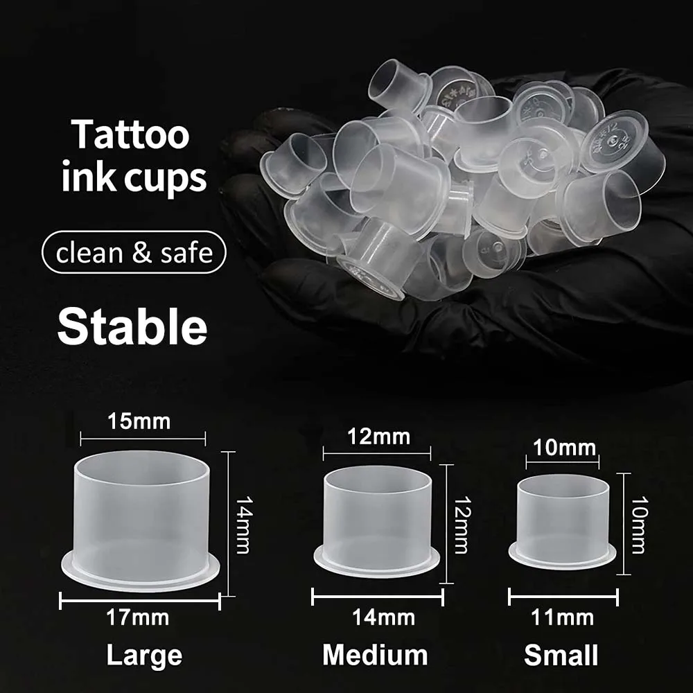1000/500/100pcs Plastic Tattoo Ink Cups Caps 17mm 14mm 11mm Clear Self Standing Ink Caps Tattoo Pigment Cups Supply for Inks