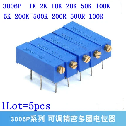 5PCS 3006P Precision Multi-turn Adjustable Potentiometer 1K 2K 5K 10K 20K 50K 100K 200K 500K 100R 200R 500R 100 200 500 ohm