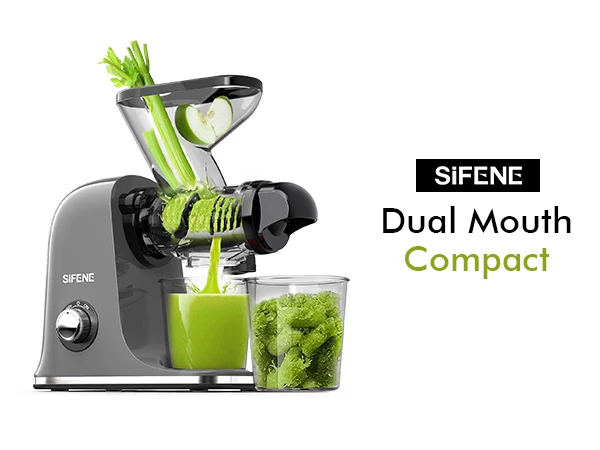 SiFENE Cold Press Juicer - Slow Masticating, High Yield for Fruits & Veggies, Dual-Mouth, Anti-Clog, Easy Clean, BPA-Free, Gray