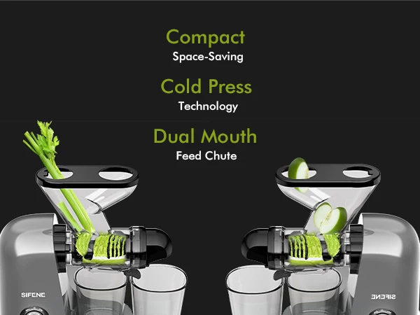 SiFENE Cold Press Juicer - Slow Masticating, High Yield for Fruits & Veggies, Dual-Mouth, Anti-Clog, Easy Clean, BPA-Free, Gray