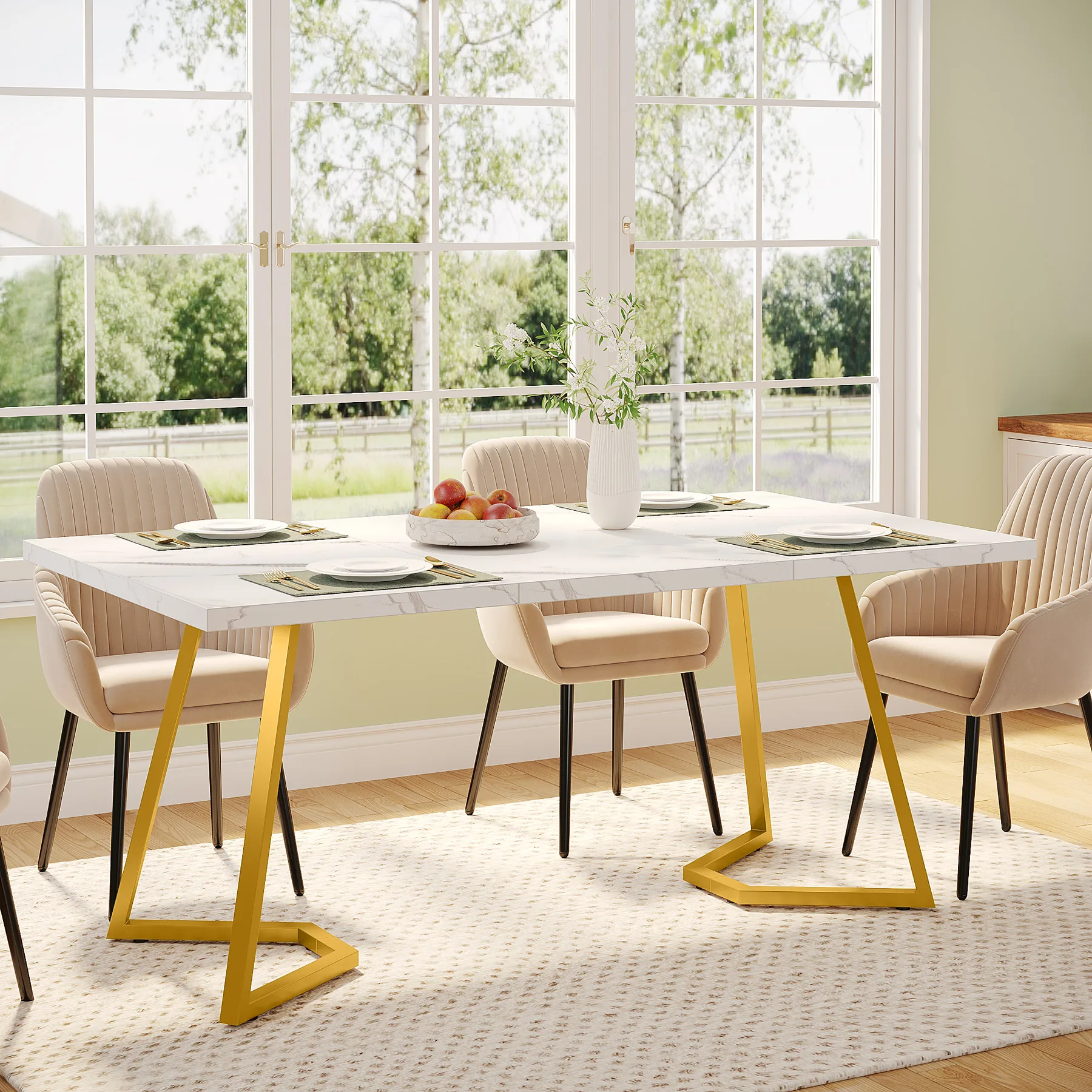 Tribesigns 63-Inch Rectangular Dining Table for 4 to 6, Modern Kitchen Table with Faux Marble Table Top, White Dinner Tables