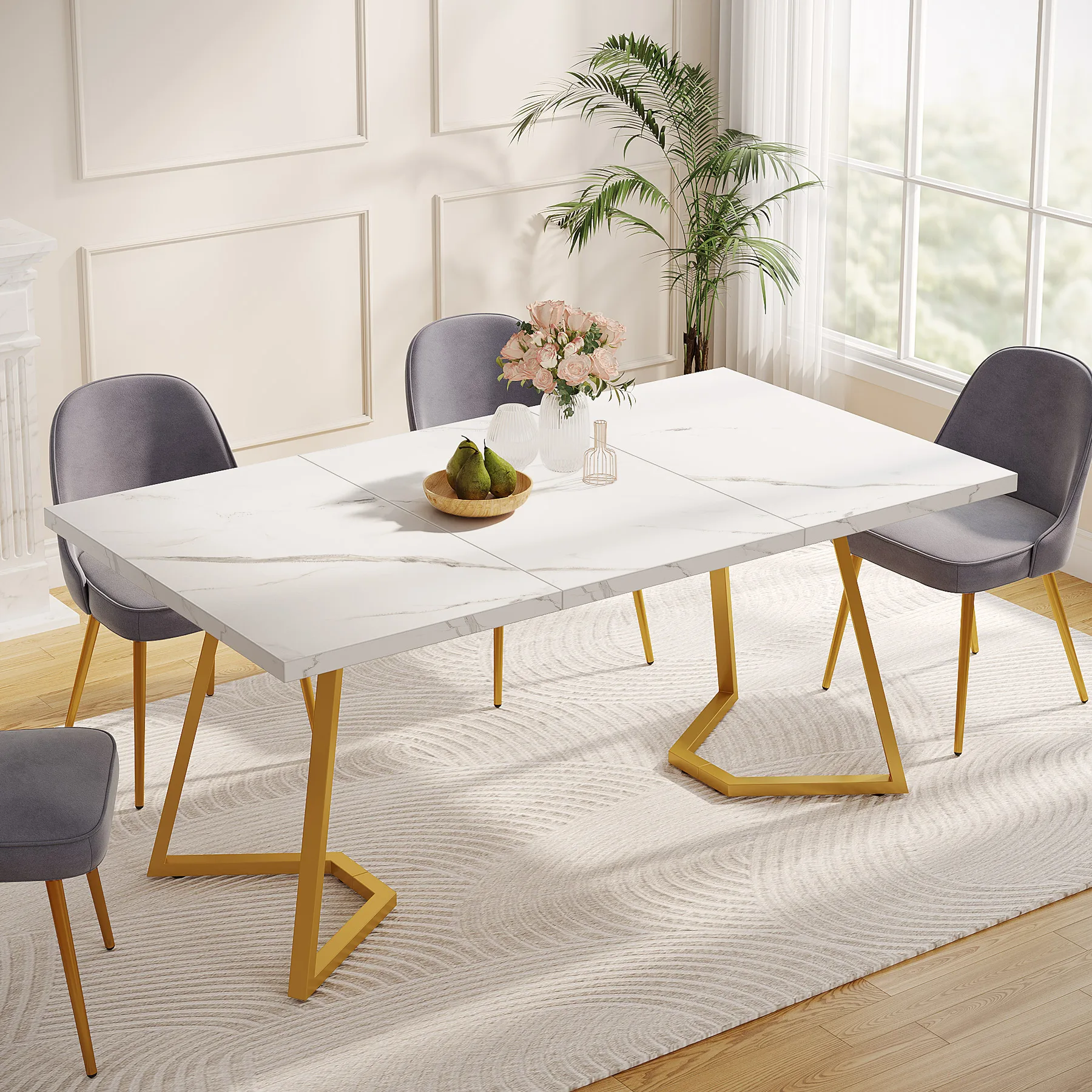 Tribesigns 63-Inch Rectangular Dining Table for 4 to 6, Modern Kitchen Table with Faux Marble Table Top, White Dinner Tables