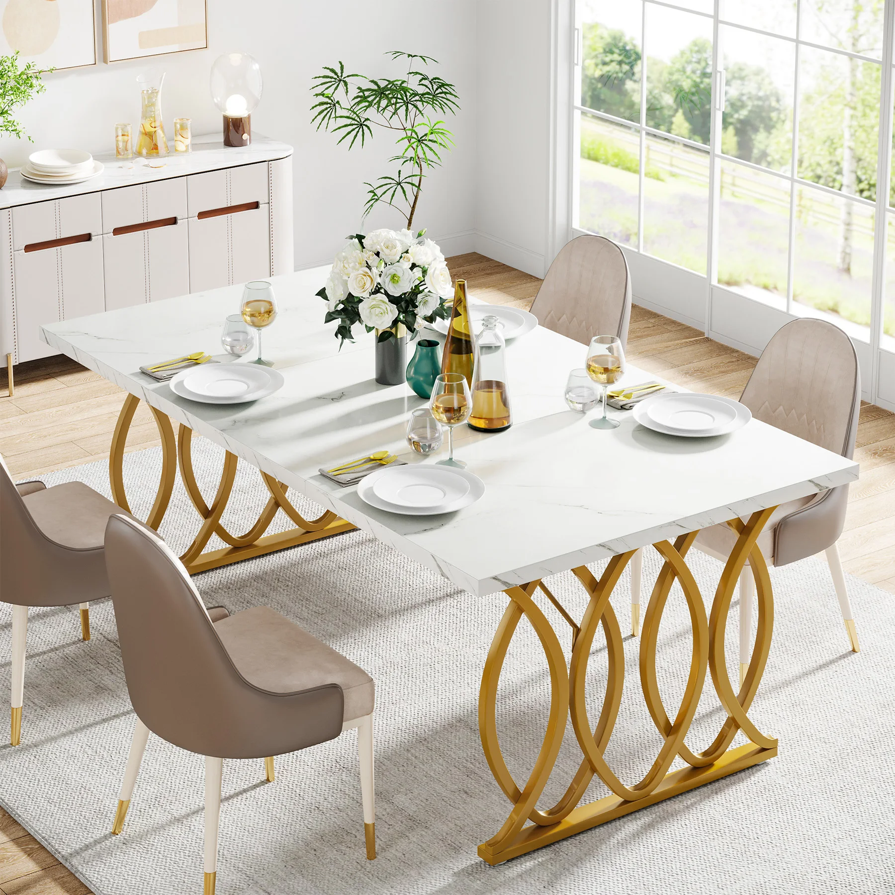 Tribesigns 63-Inch Rectangular Dining Table for 4 to 6, Modern Kitchen Table with Faux Marble Table Top, White Dinner Tables