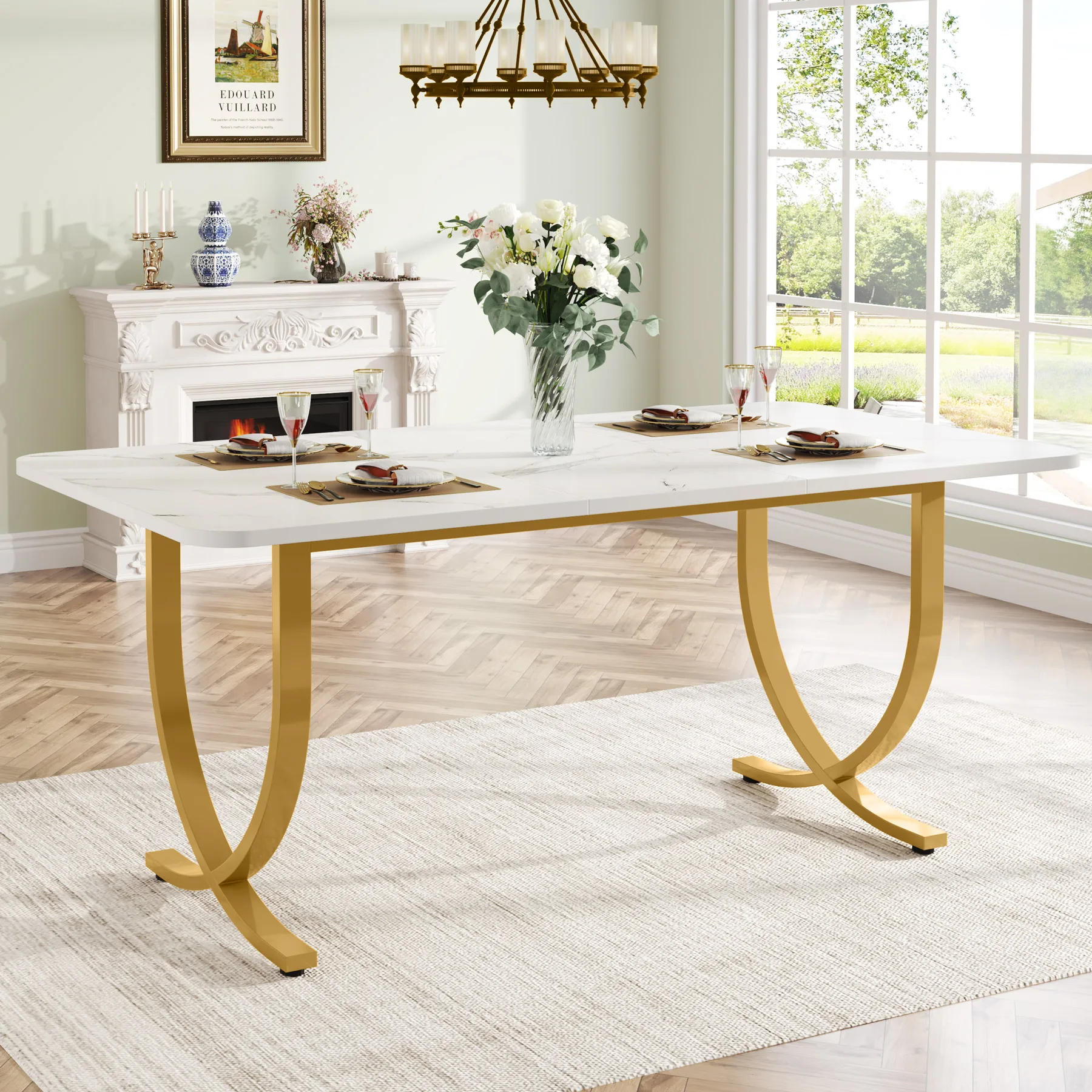 Tribesigns 63-Inch Rectangular Dining Table for 4 to 6, Modern Kitchen Table with Faux Marble Table Top, White Dinner Tables