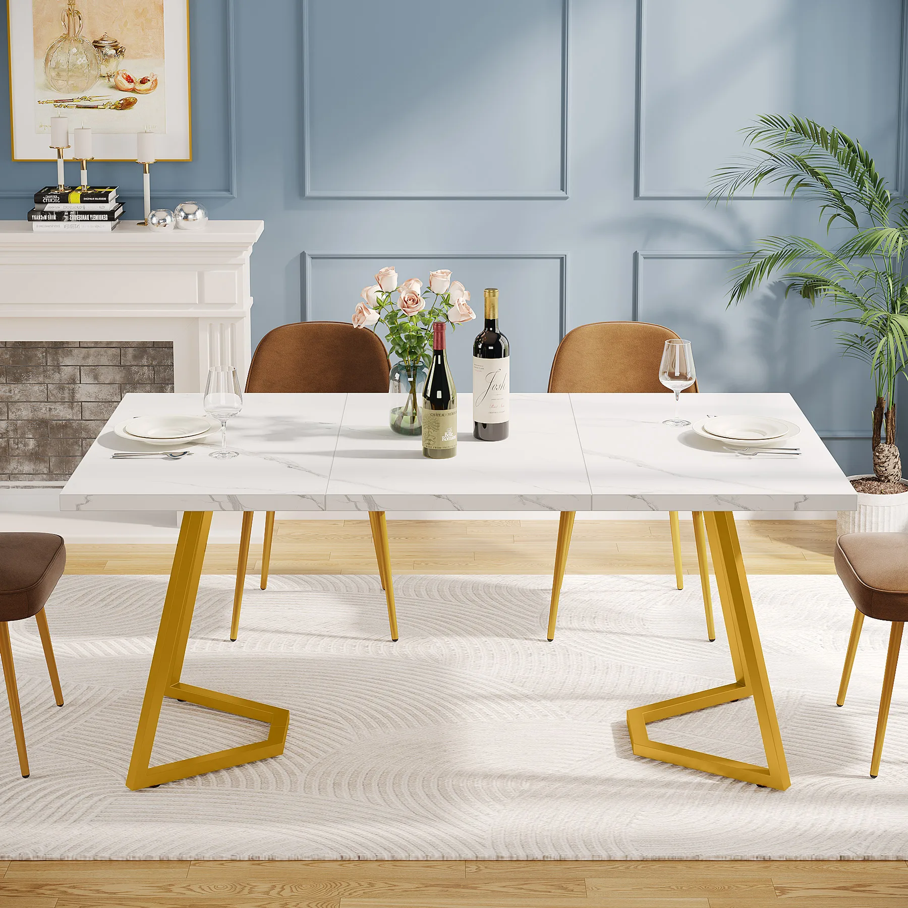 Tribesigns 63-Inch Rectangular Dining Table for 4 to 6, Modern Kitchen Table with Faux Marble Table Top, White Dinner Tables