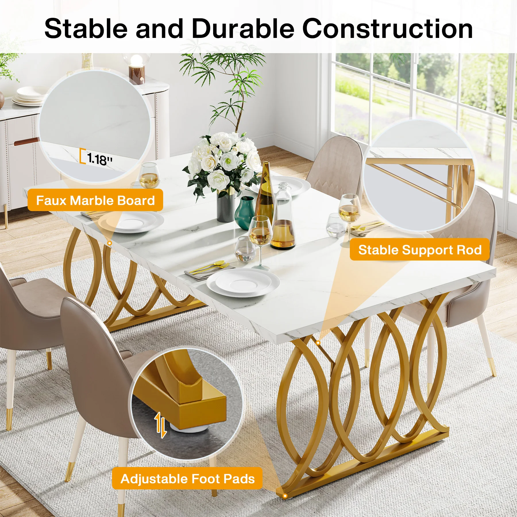Tribesigns 63-Inch Rectangular Dining Table for 4 to 6, Modern Kitchen Table with Faux Marble Table Top, White Dinner Tables