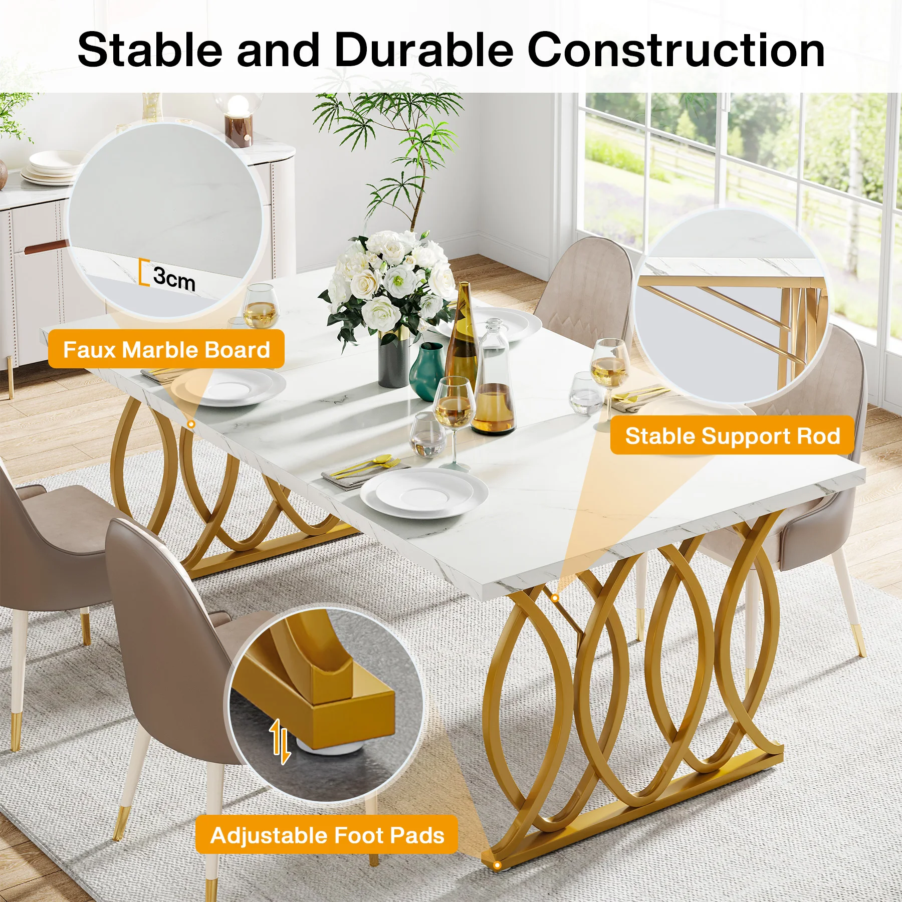 Tribesigns 63-Inch Rectangular Dining Table for 4 to 6, Modern Kitchen Table with Faux Marble Table Top, White Dinner Tables
