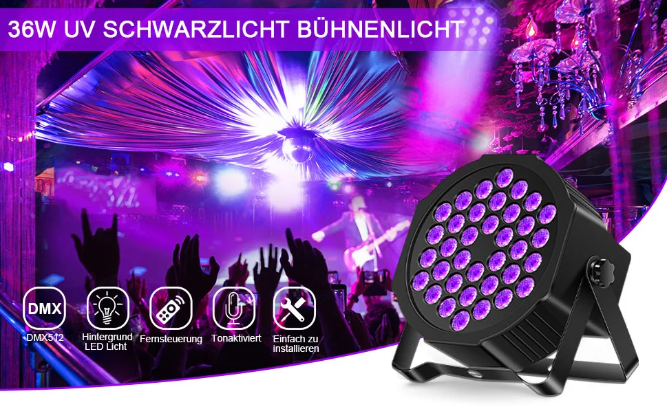 U'King 36 LEDs Par Stage Lighting Audience UV Blacklight 36W Par Lighting DJ Lights Party Light for Disco Lights Wedding Party