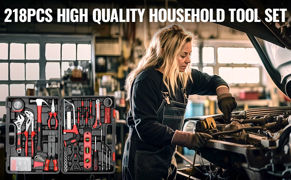 218-Piece Household Tool Kit Auto Repair Tool Set Tool Kits Homeowner Plier, Screwdriver Set Socket Kit and Toolbox Storage Case