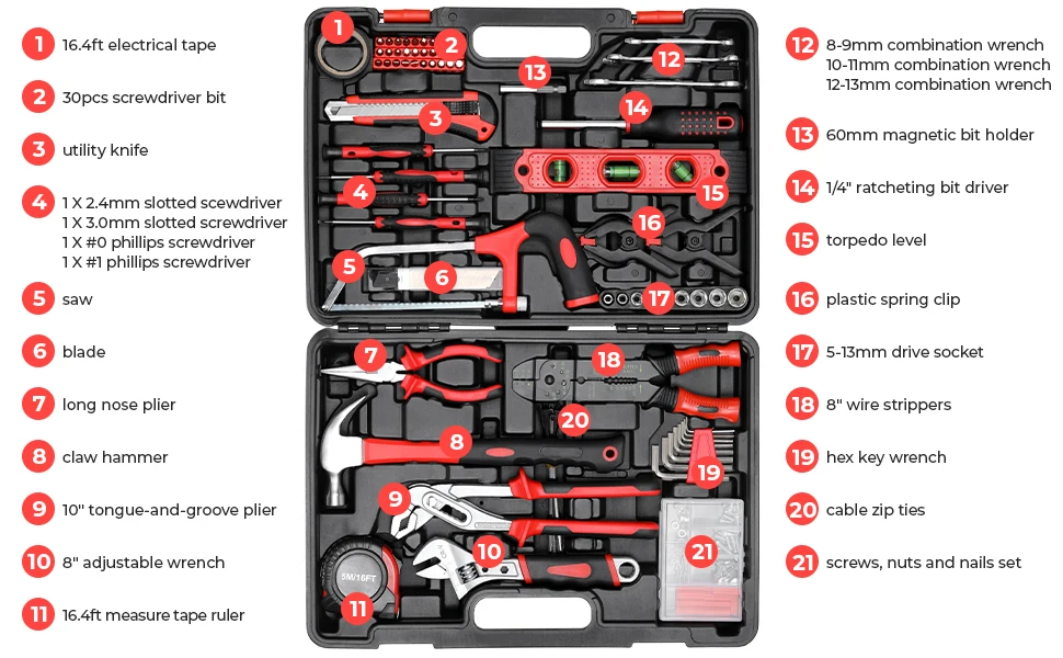 218-Piece Household Tool Kit Auto Repair Tool Set Tool Kits Homeowner Plier, Screwdriver Set Socket Kit and Toolbox Storage Case