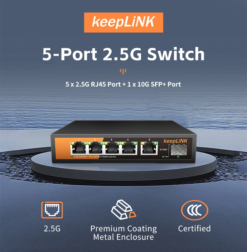 KeepLiNK 6-Port Multi-Gigabit Switch with 5-2.5Gbps Ethernet Ports and 1-10Gbps SFP+ Uplink
