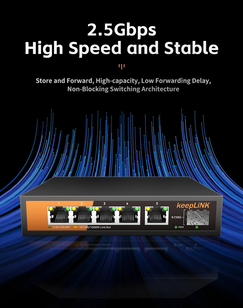KeepLiNK 6-Port Multi-Gigabit Switch with 5-2.5Gbps Ethernet Ports and 1-10Gbps SFP+ Uplink