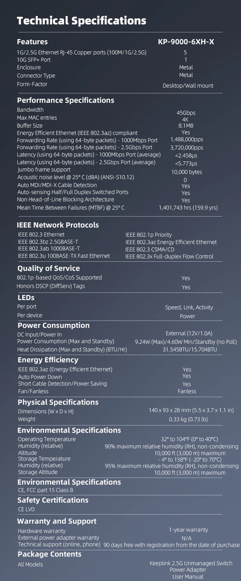 KeepLiNK 6-Port Multi-Gigabit Switch with 5-2.5Gbps Ethernet Ports and 1-10Gbps SFP+ Uplink