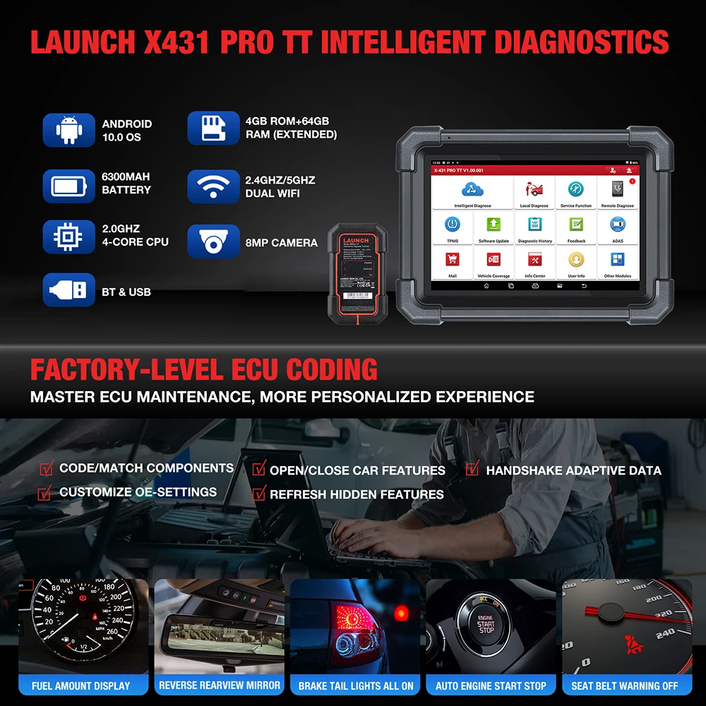 LAUNCH X431 PRO TT Bidirectional Scan Tool with DBSCar VII Connector,37+ Reset for All Cars,ECU Online Coding,CANFD Key IMMO,