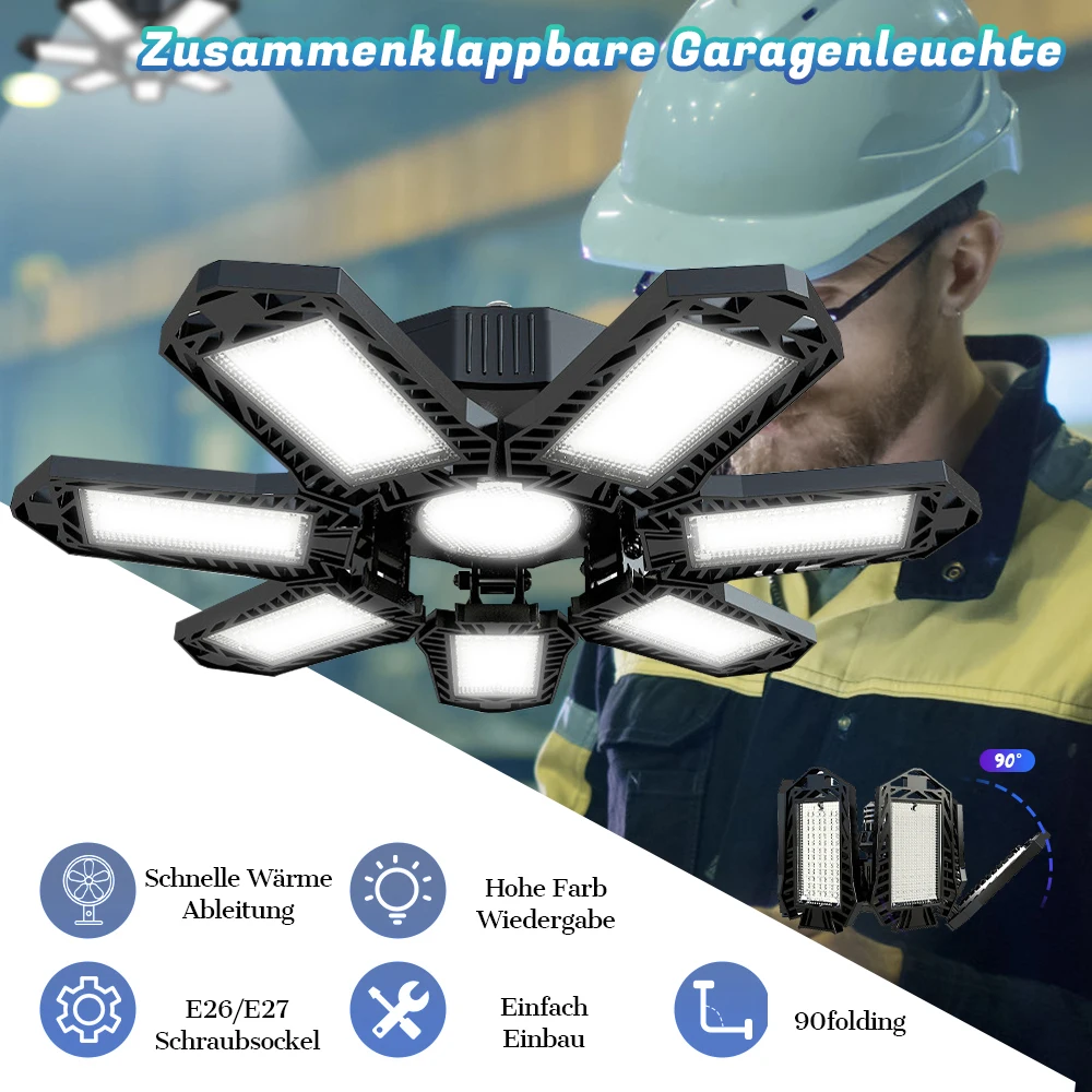 Folding Garage Lighting 120W LED Light E26 E27 Ceiling Lamp LED High Bay Lights UFO Deformable Bulb Garagenleuchte for Workshop