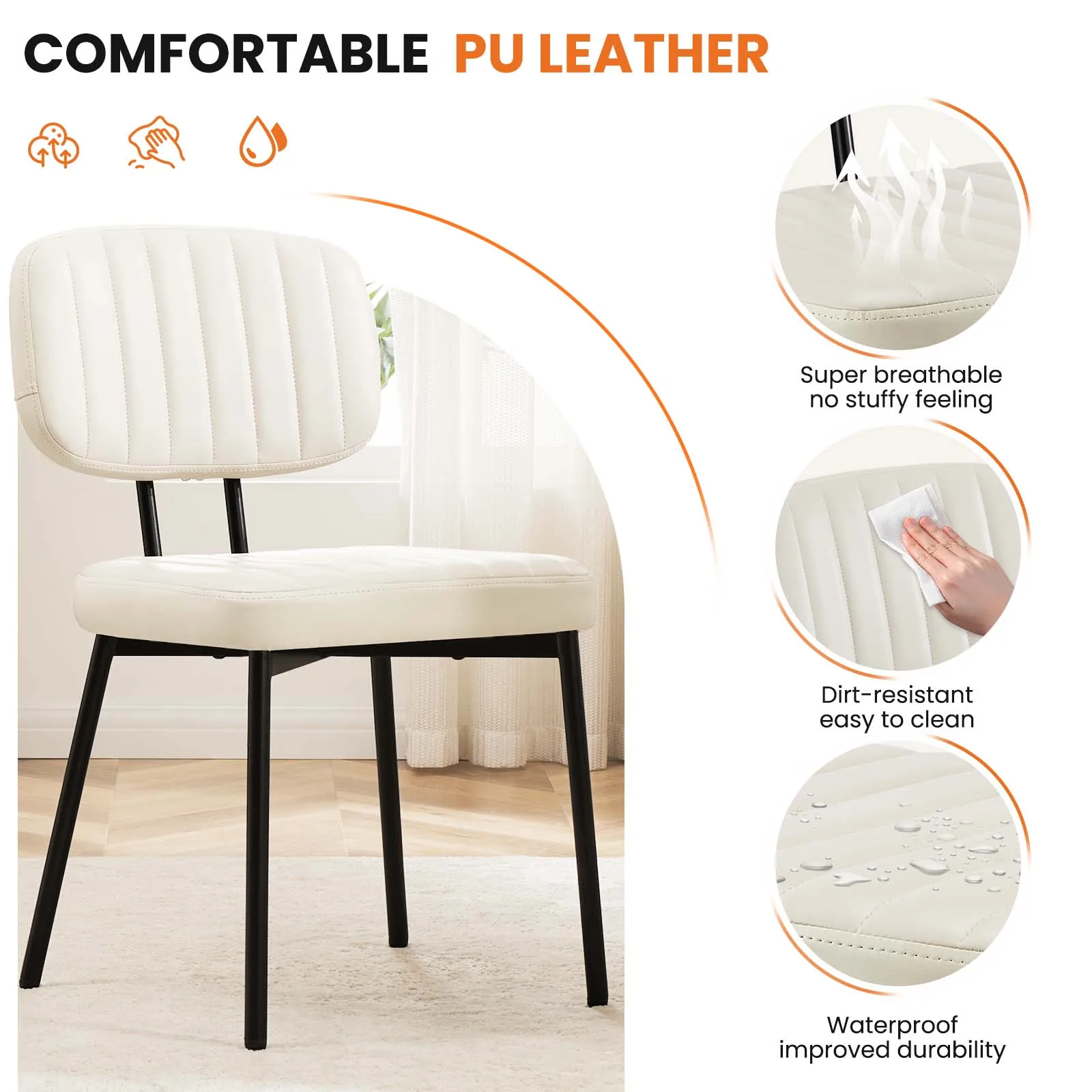 JHK Dining Chairs Set of 2 Ergonomic Lumbar Support PU Leather Foam Sponge Cushion Seat and Metal Legs for Modern Kitchen