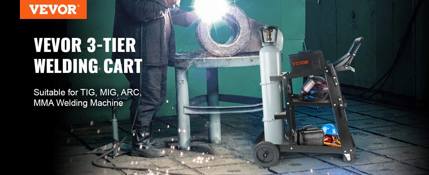 SucceBuy Welding Cart 3-Tier Welder Cart with Swivel Wheels Safety Chains Rolling Tank Storage for Plasma Cutter Welding Machine