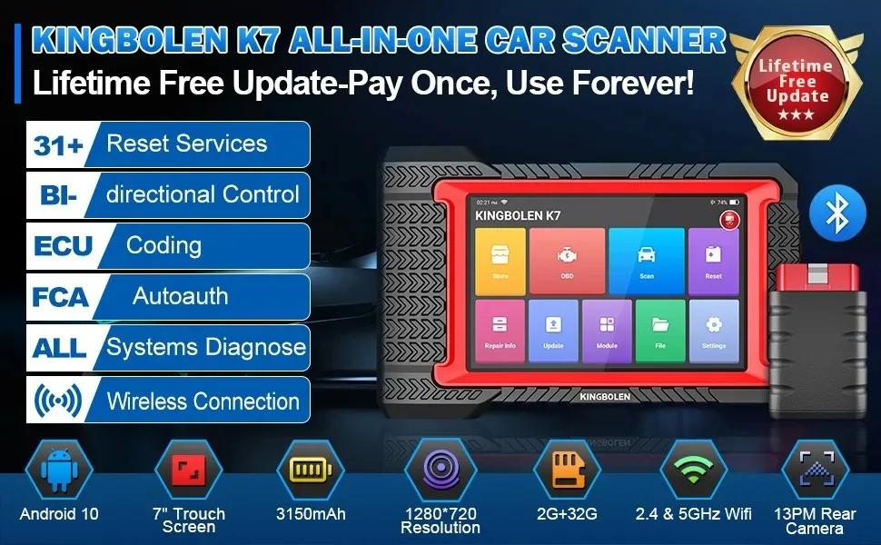 Lifetime Free Update KINGBOLEN K7 ALL System Car Diagnostic Tools ECU Coding Active Test 28 Resets PK LAUNCH X431 CRP919E BT