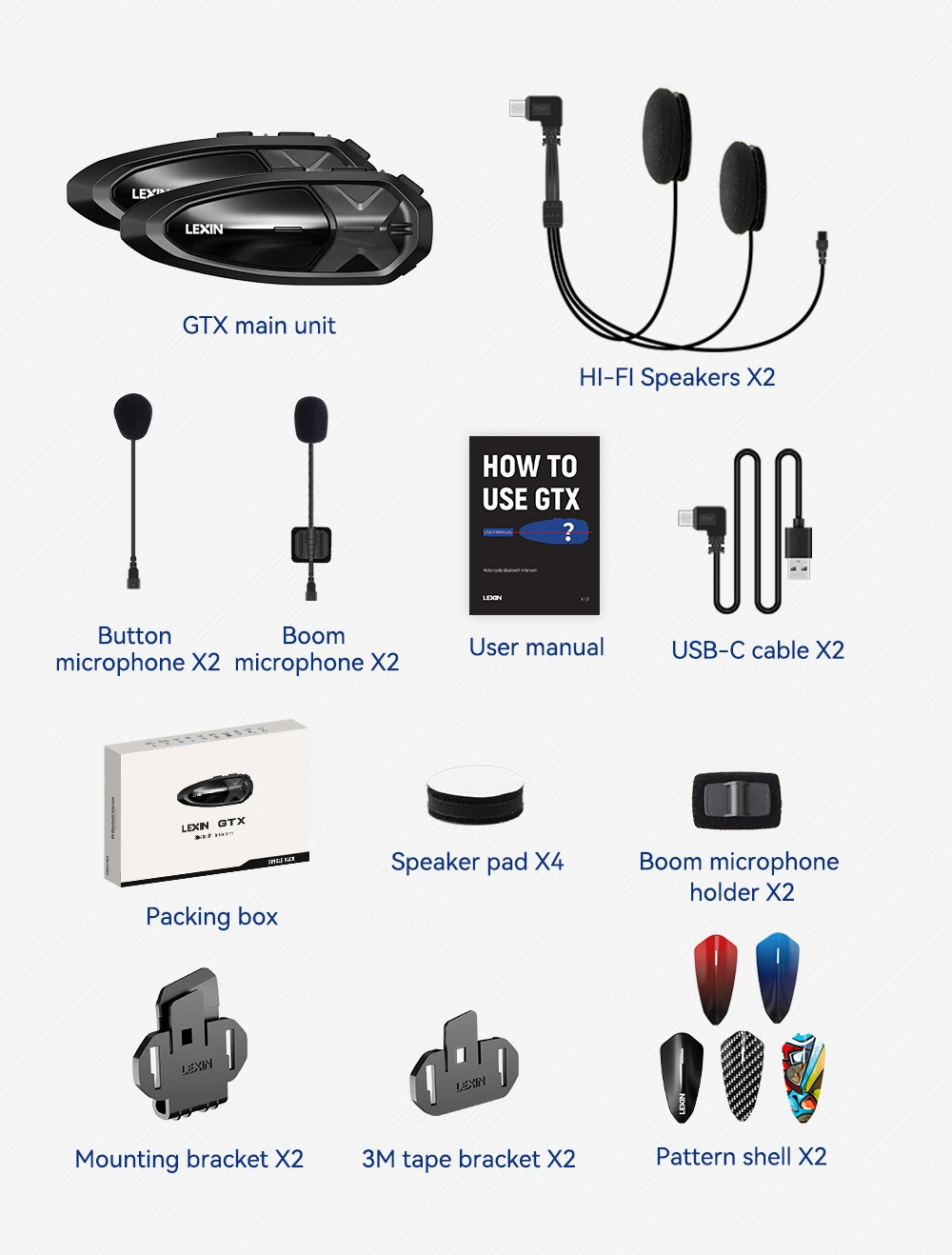 Lexin GTX Intercom Bluetooth For Motorcycle Helmet Headset Support Intercom& Listen to Music At One Time10 Riders 2000m