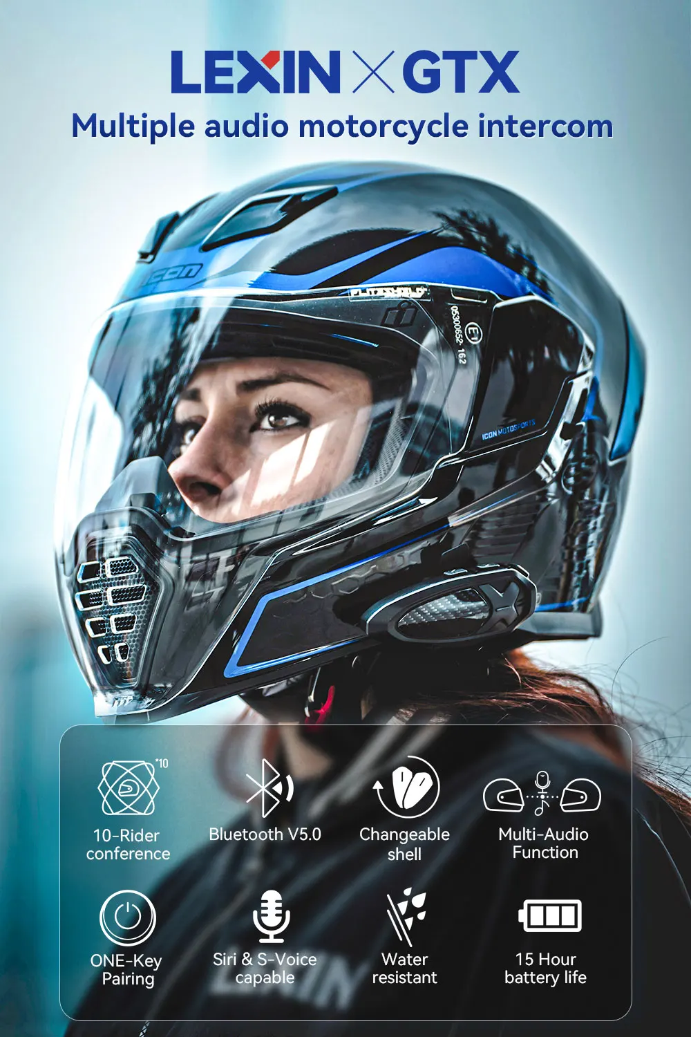 Lexin GTX Intercom Bluetooth For Motorcycle Helmet Headset Support Intercom& Listen to Music At One Time10 Riders 2000m