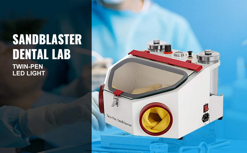 SucceBuy Dental Lab Sandblaster Equipment 2 Pen+2 Tanks with LED Light Large View Window Foot Pedal Control for Removing Oxides