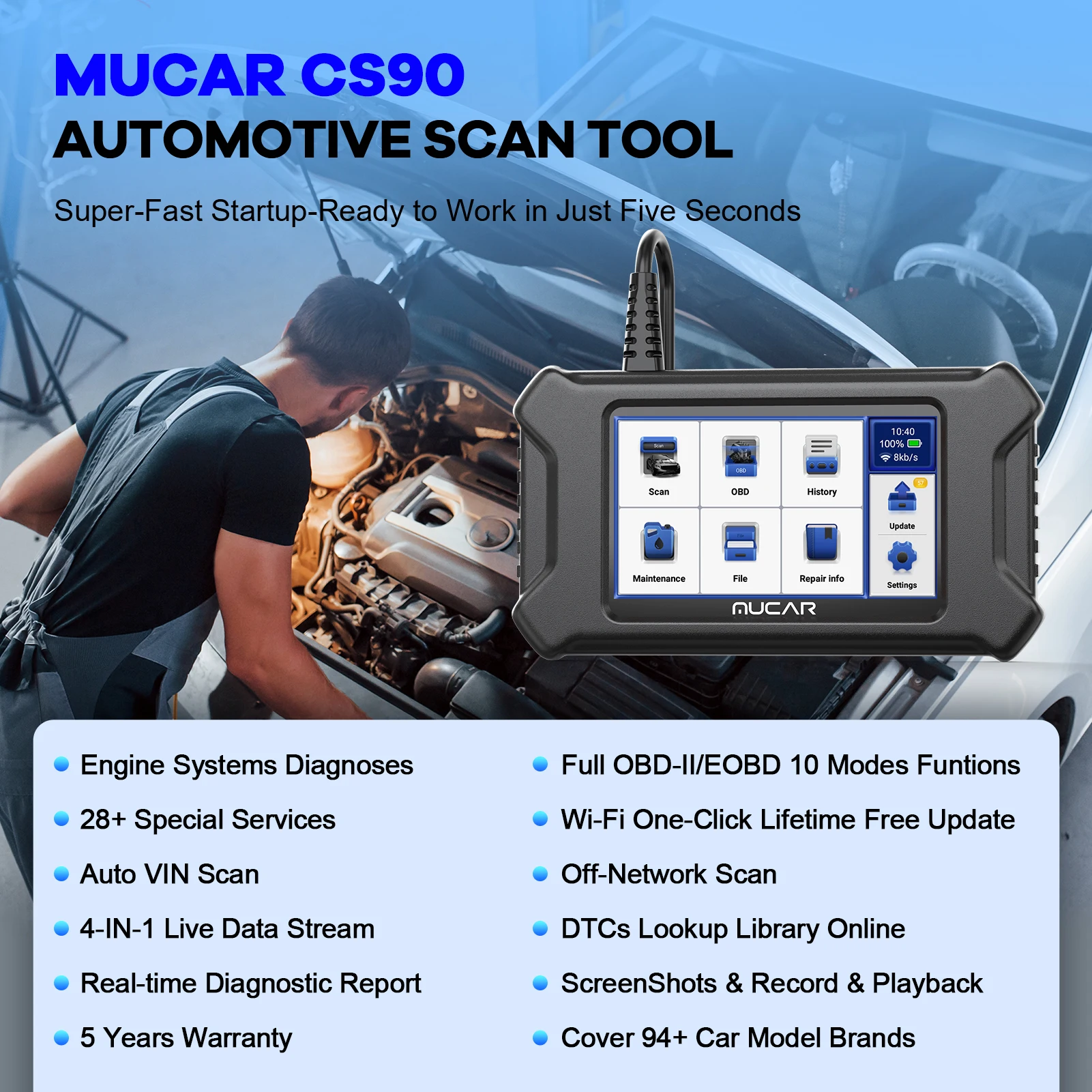 MUCAR CS90 OBD2 Diagnostic Tool Auto OBD2 Scanner Scan Tool 28 Reset Maintenance Service Lifetime Update Free for All Car